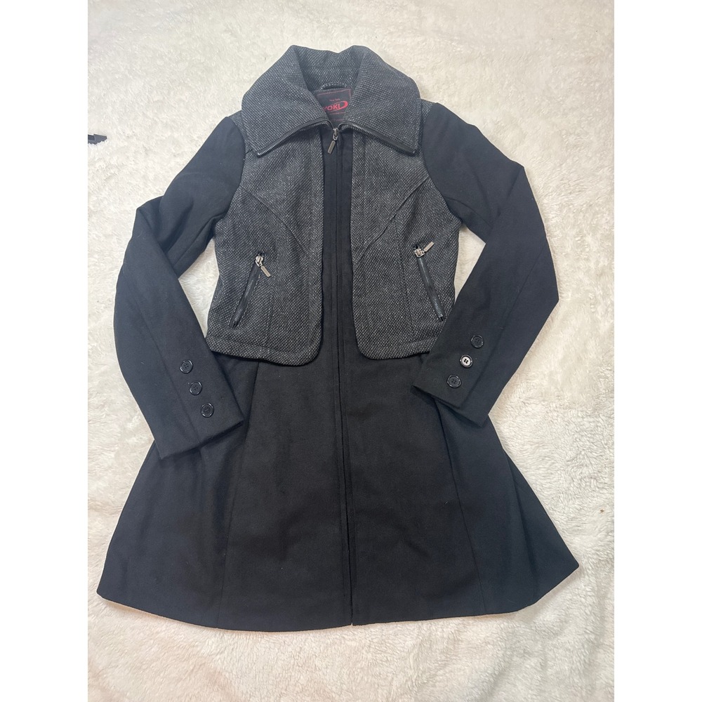 Yoki New York Mixed Media Zip‎ Front Coat Black Grey Tweed Wool Blend Small